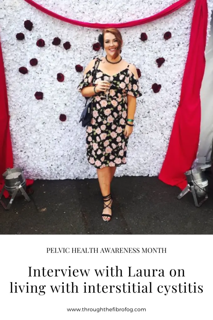 woman holding a drink with text overlay saying living with interstitial cystitis an interview with laura for pelvic health awareness month