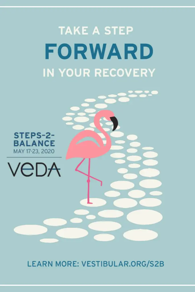 steps to balance poster for VeDA with an image of a pink flamingo on a path and text take a step forward in your recovery.