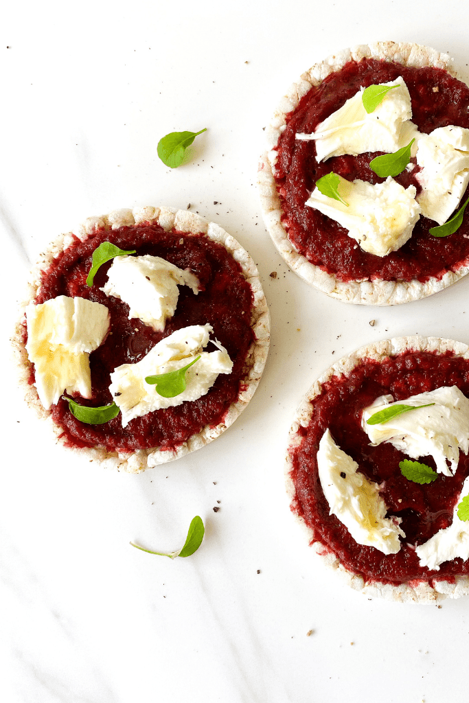 beetroot and mozzarella topped rice cakes.