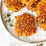 sweet potato fritters on a brown plate.