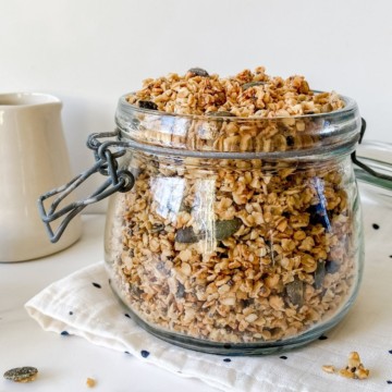 chia seed granola with flaxseed in a glass jar