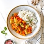 spicy turkey stew in a grey bowl.