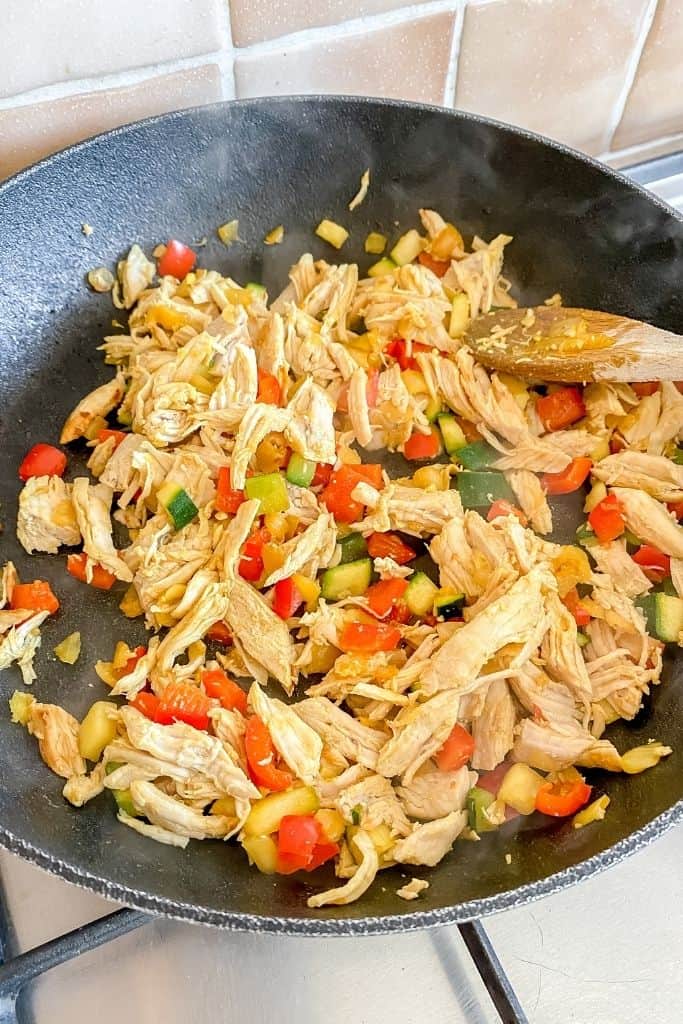 turkey and vegetables frying in a pan.