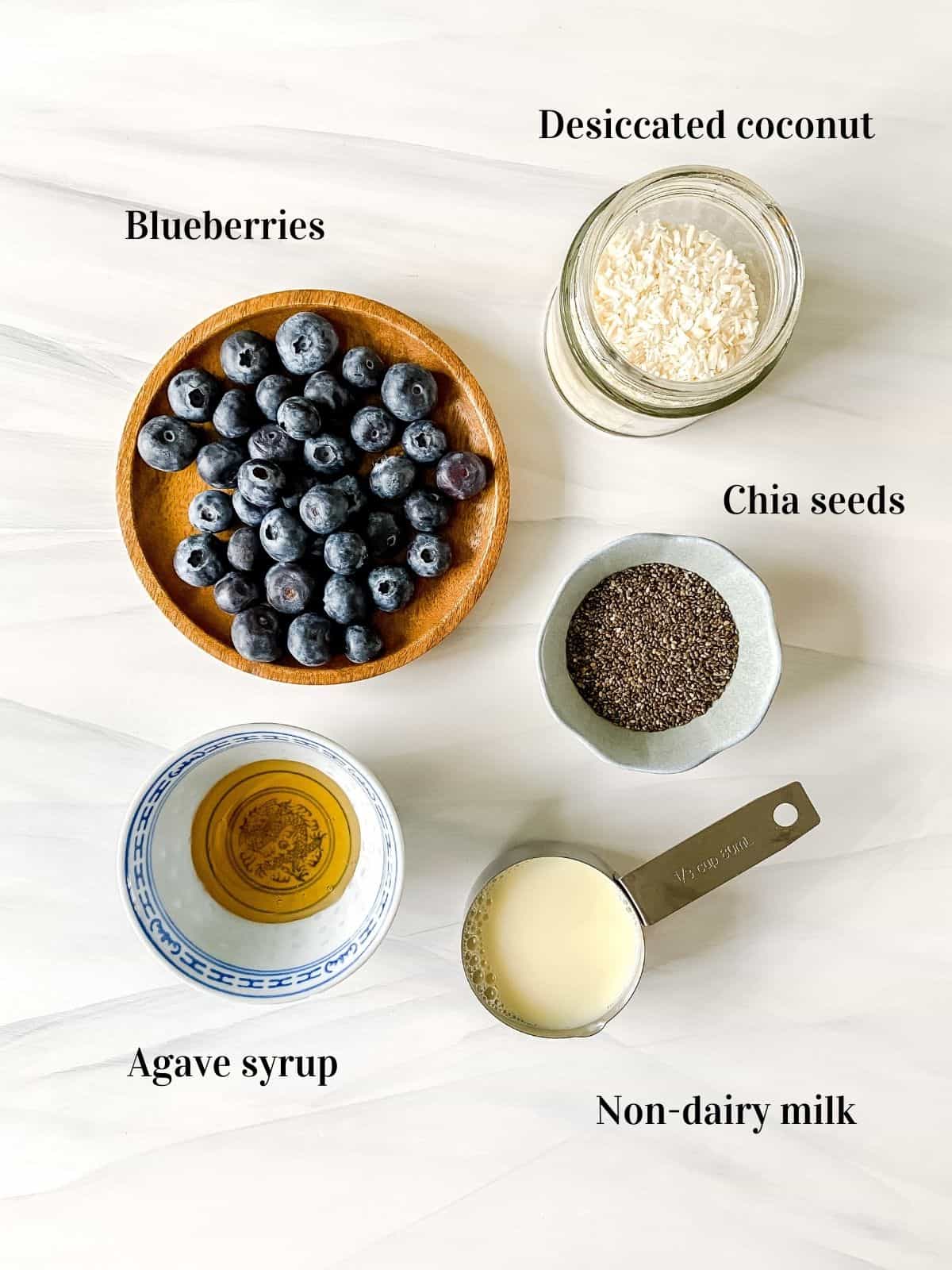 individually labelled blueberries, chia seeds, agave syrup, non-dairy milk and coconut.