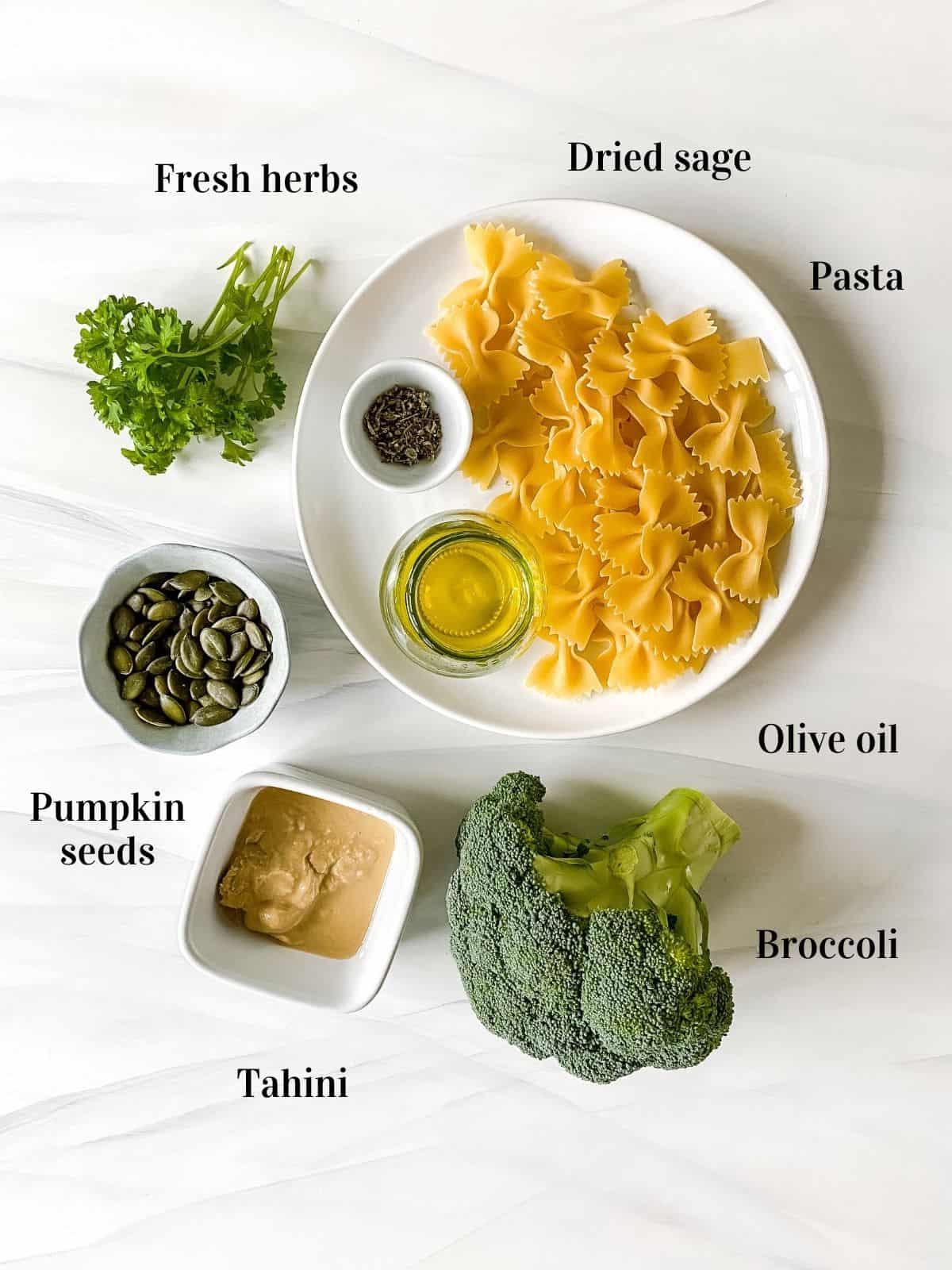 tahini, broccoli, pasta, sage, olive oil. 