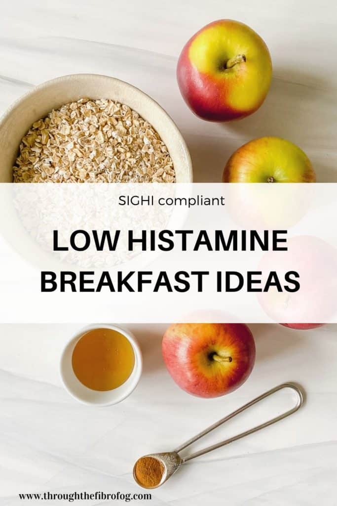 bowl of oats, apple and maple syrup with text saying SIGHI compliant low histamine breakfast ideas, through the fibro fog dot com.