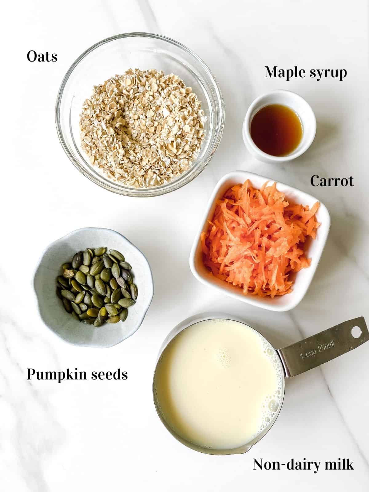 carrots, oats, maple syrup, pumpkin seeds and non-dairy milk