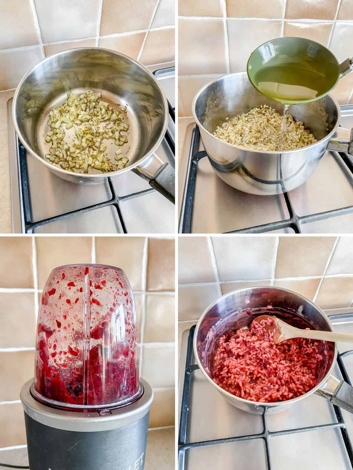collage of recipe steps to make beetroot risotto.