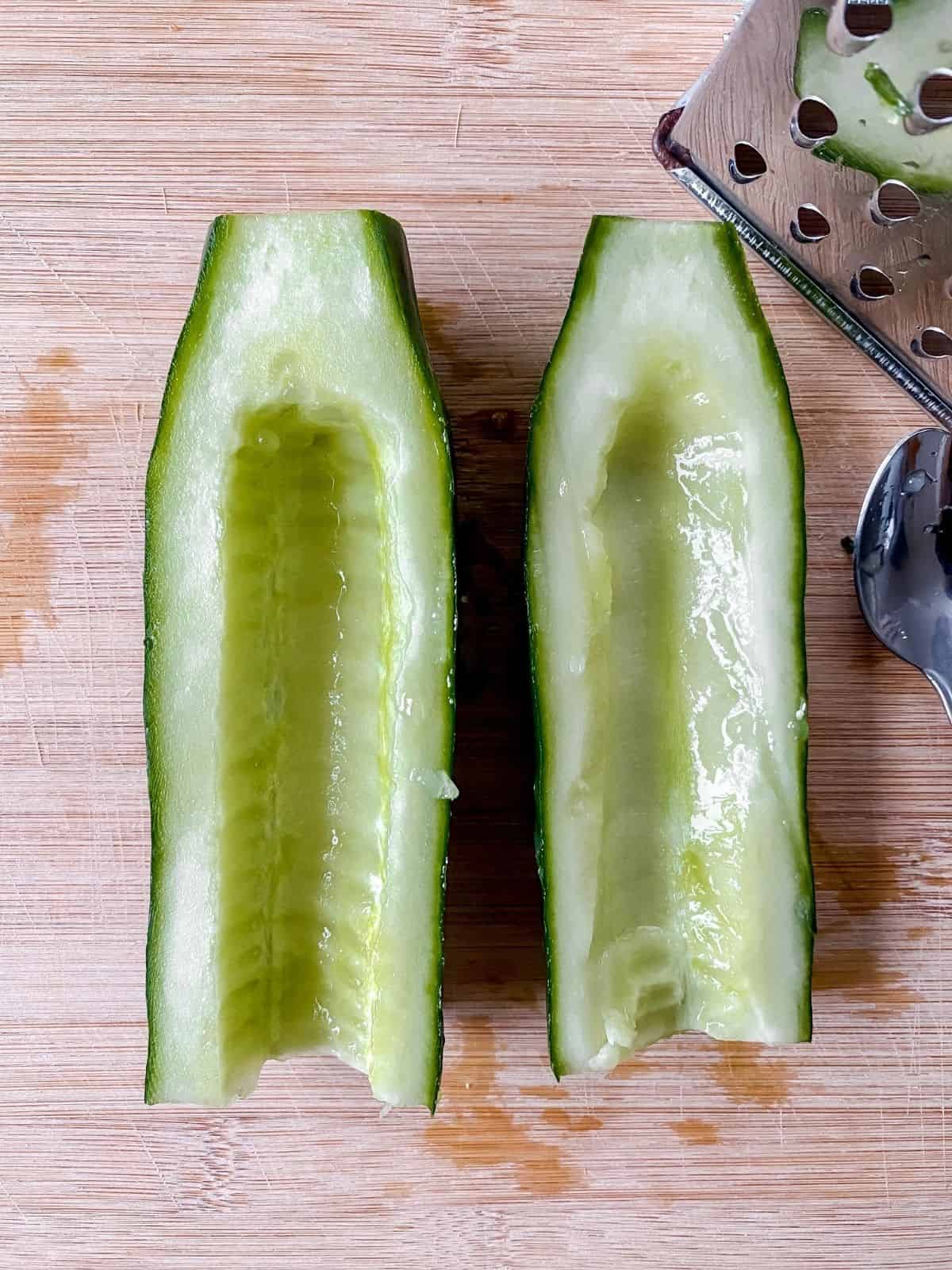 de-seeded cucumber on a chopping board.