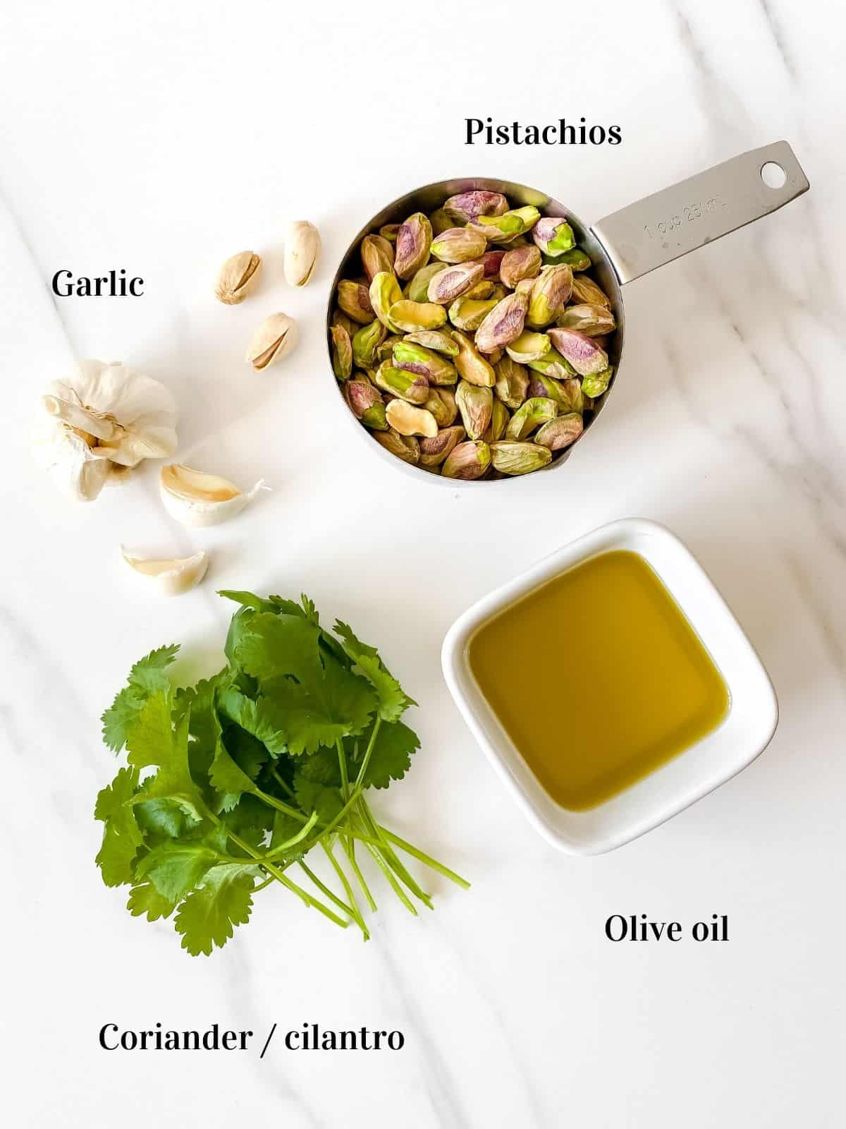 coriander, pistachios, olive oil and garlic.