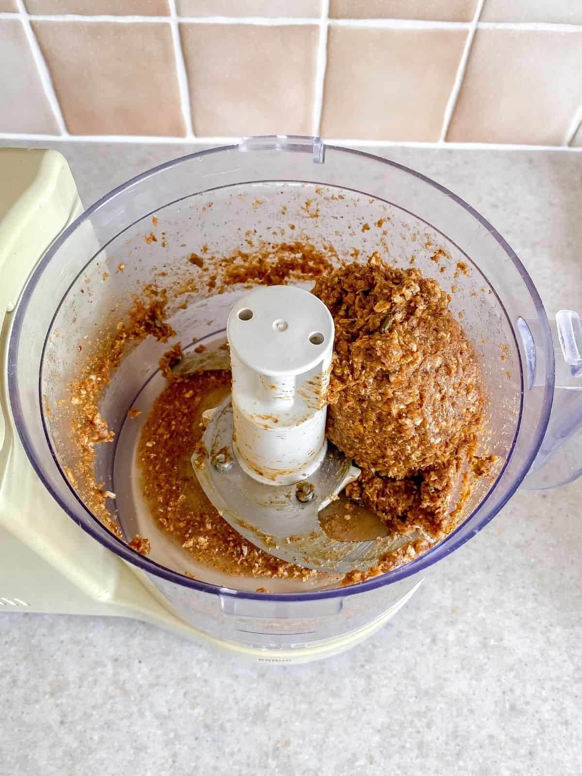 energy ball mixture in a food processor.