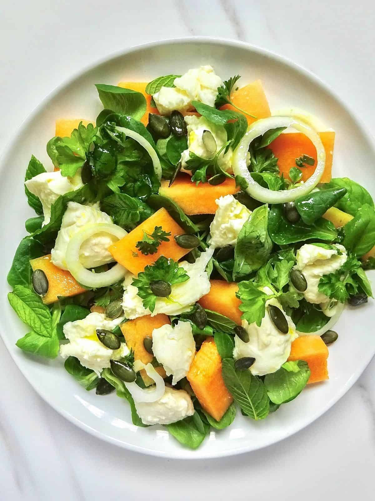 melon caprese salad on a white plate.