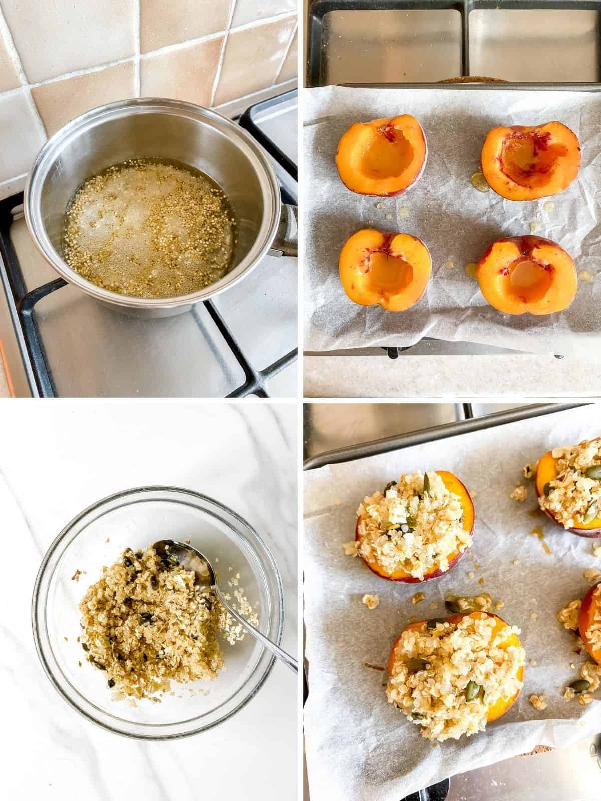collage of making quinoa, peaches on a baking tray, oat topping and peaches stuffed with crumble topping on a baking tray.