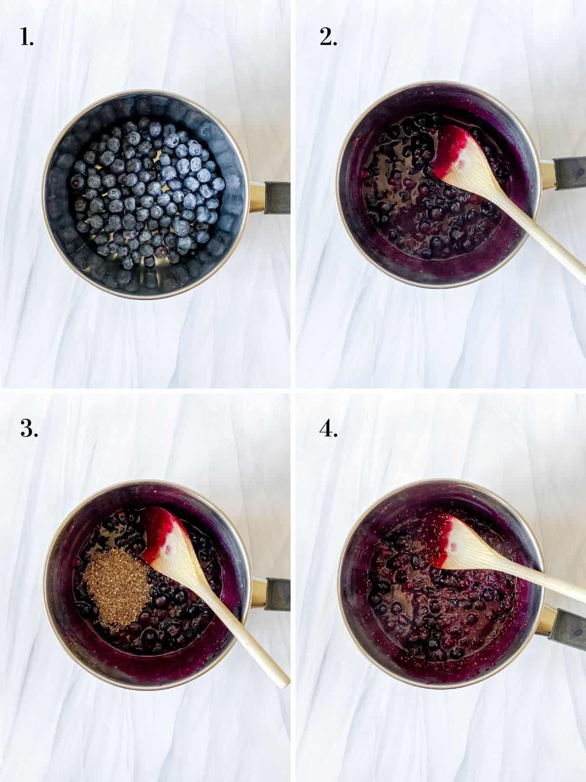 process shots for making blueberry chia jam.
