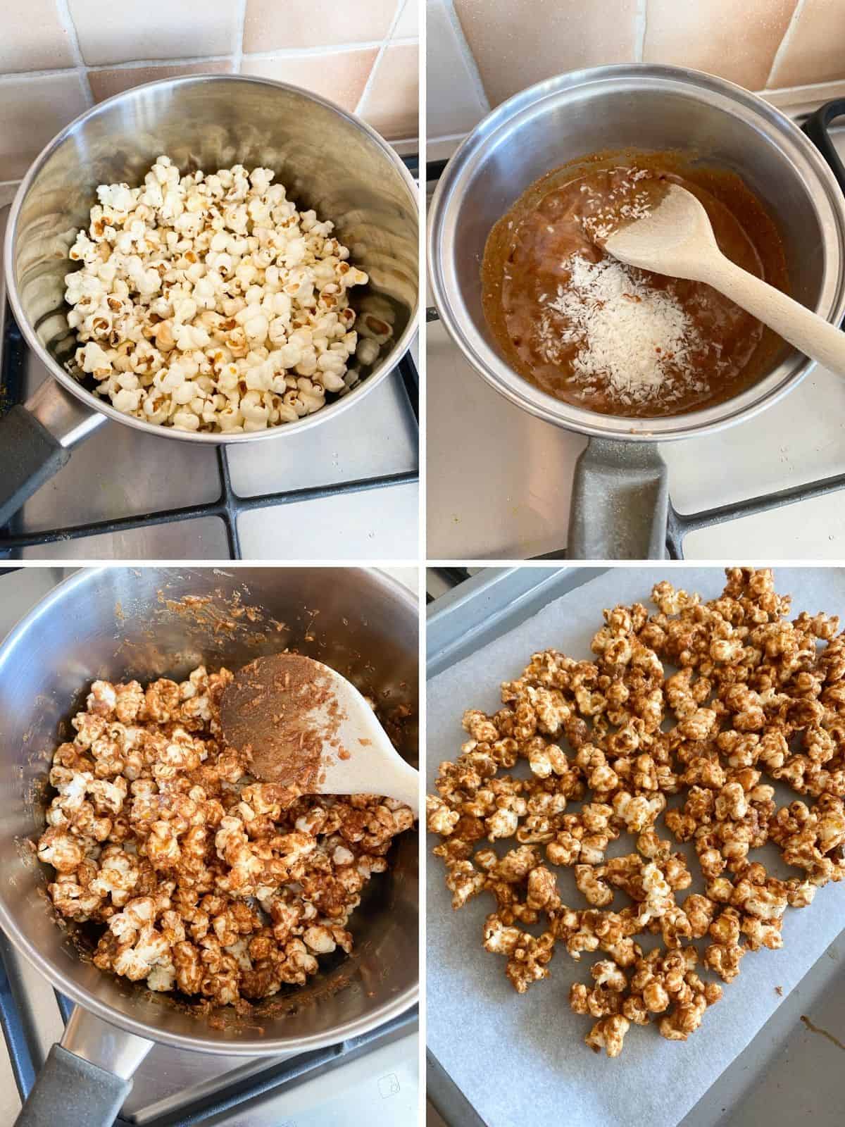 process shots to make maple syrup popcorn including cooking the sauce on the stove top and popcorn on a baking sheet.