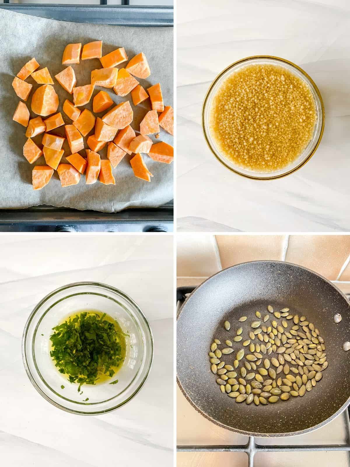 process shots of roasting sweet potato, making couscous, making parsley dressing and toasting pumpkin seeds in a pan.