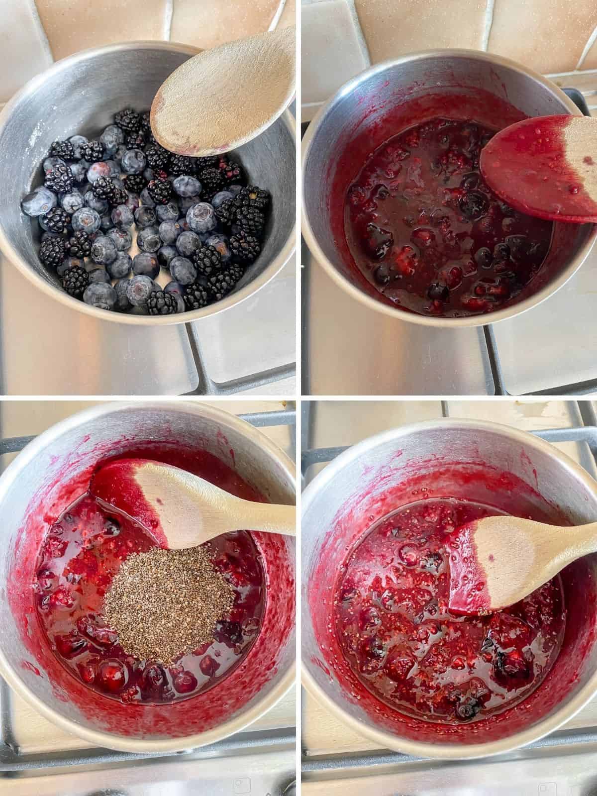 process shots to make blackberry chia jam.