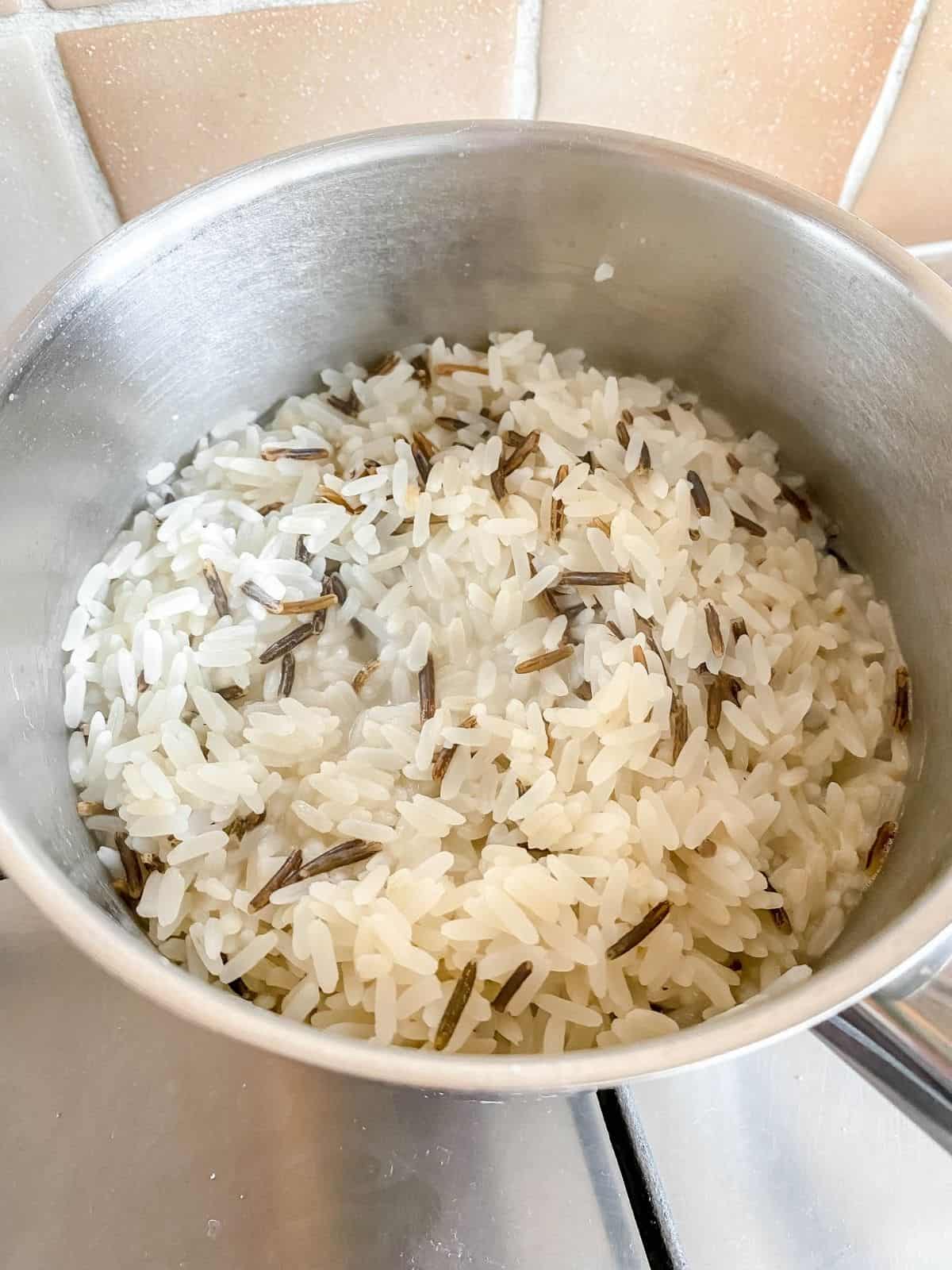 wild rice in a pan.
