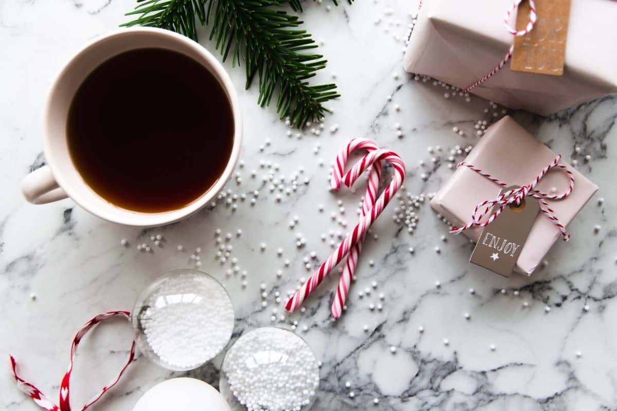 cup of coffee and candy canes.