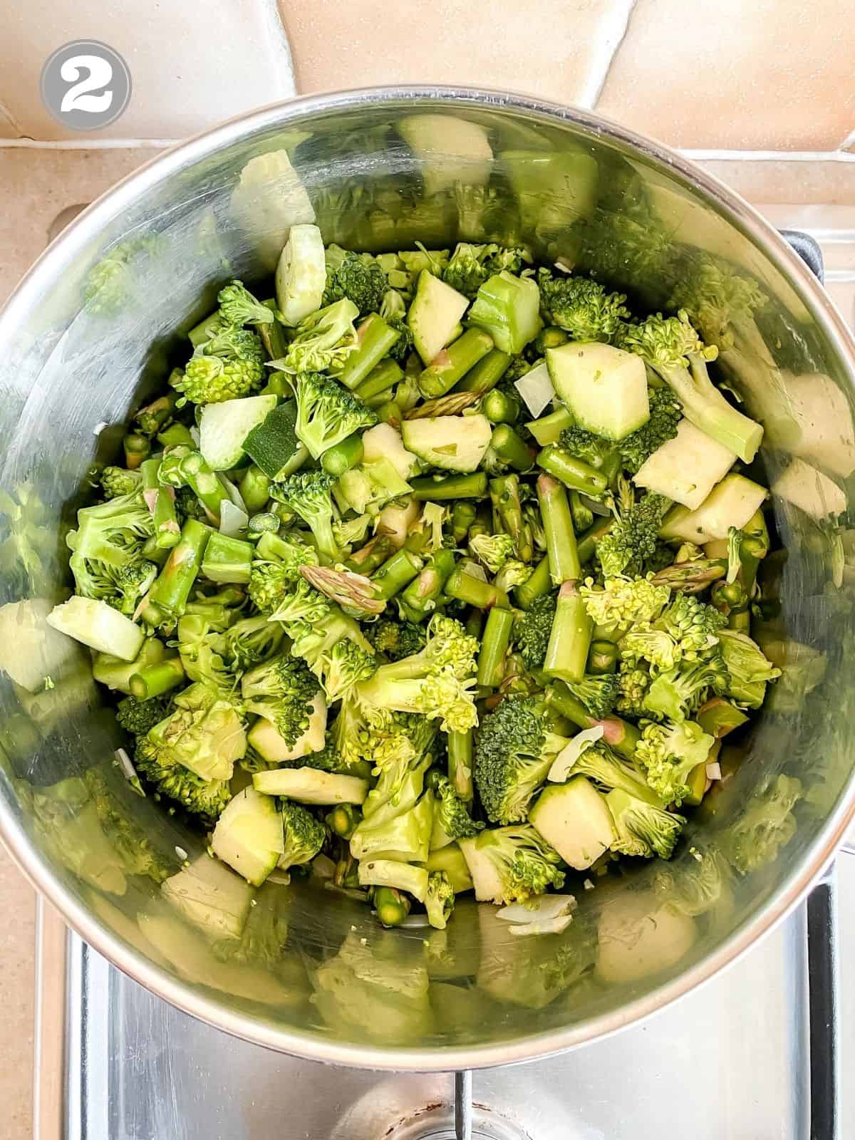 broccoli and asparagus in a saucepan.