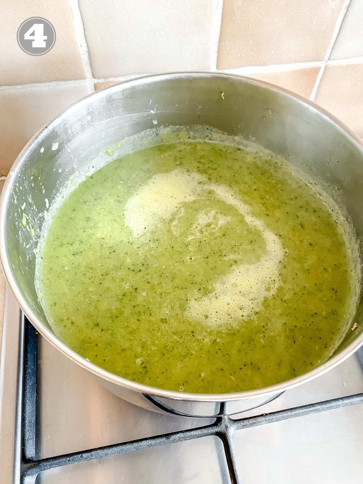 broccoli asparagus soup in a saucepan labelled number four.