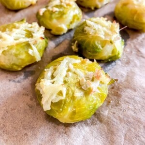 ginger Brussels sprouts on a baking tray.