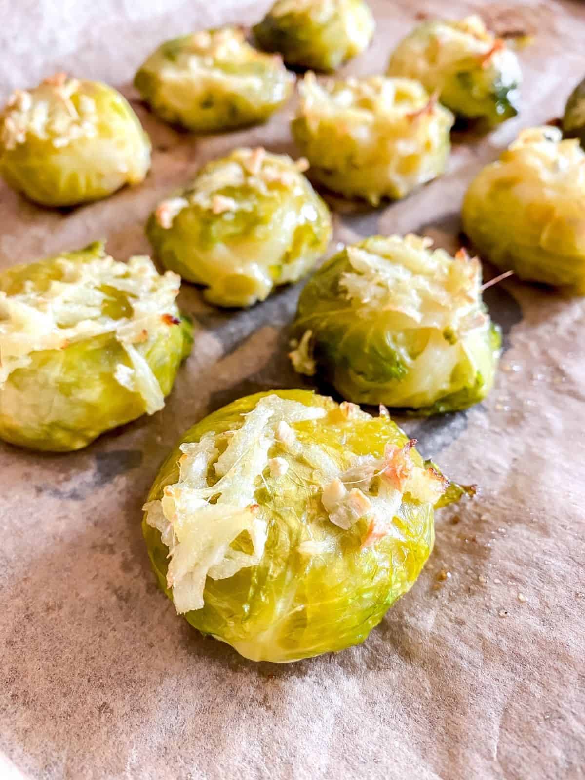ginger brussels sprouts on a baking tray.