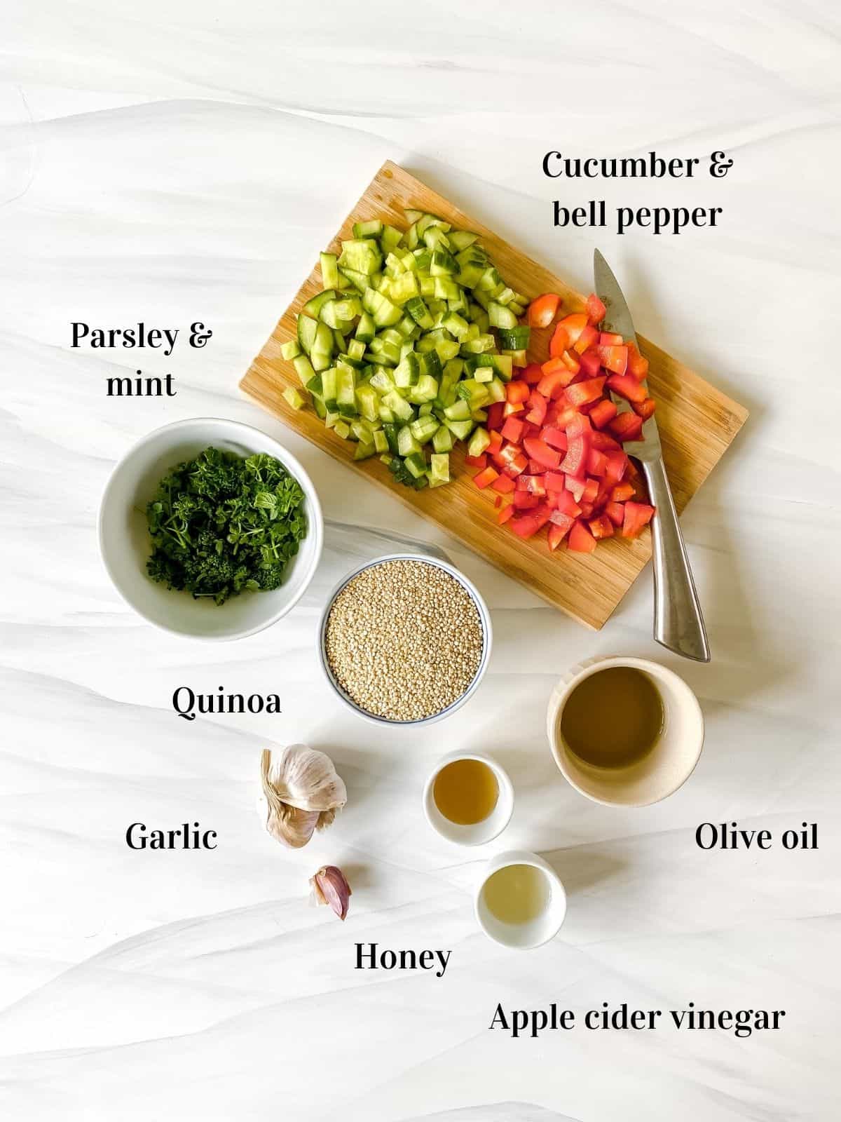 all the ingredients for quinoa tabbouleh.