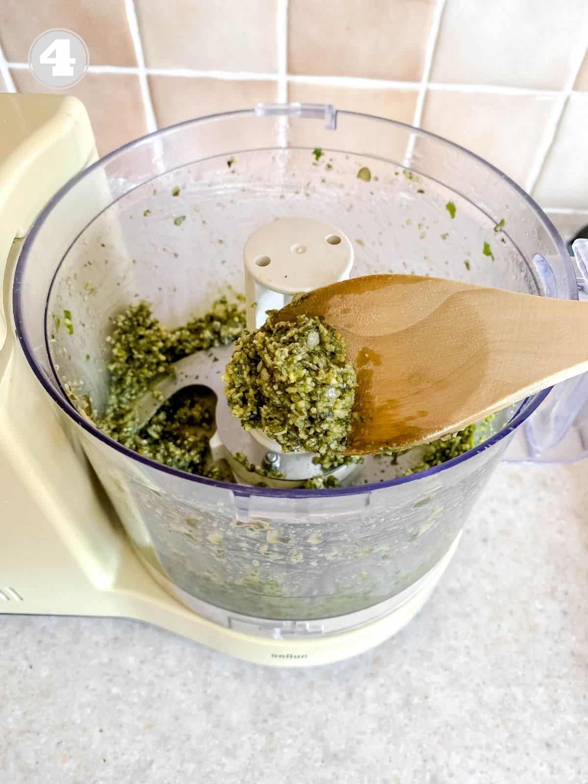 pumpkin seed pesto in a food processor labelled number four.