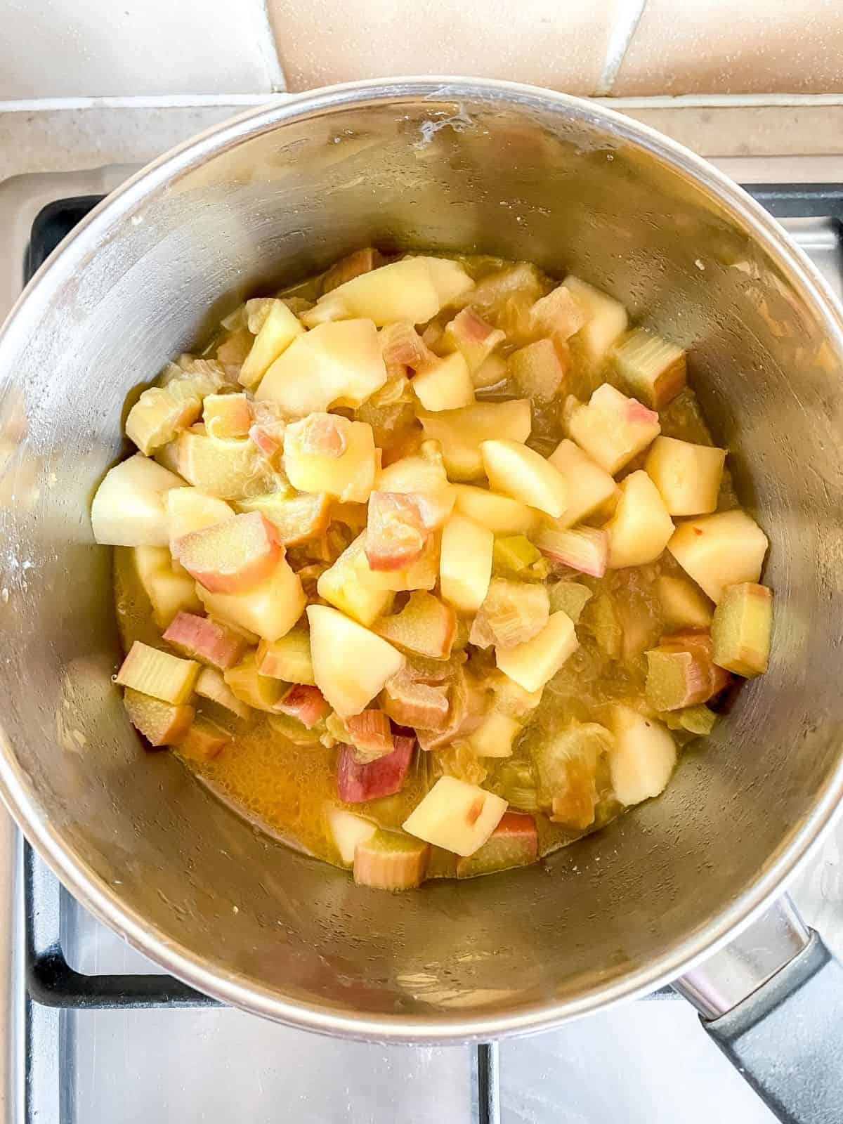 rhubarb and apple compote in a pan.