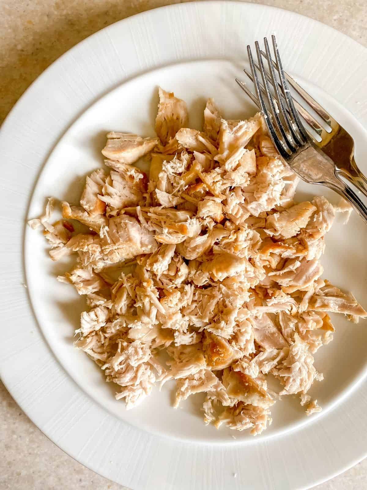 shredded turkey on a white plate with two forks on it.