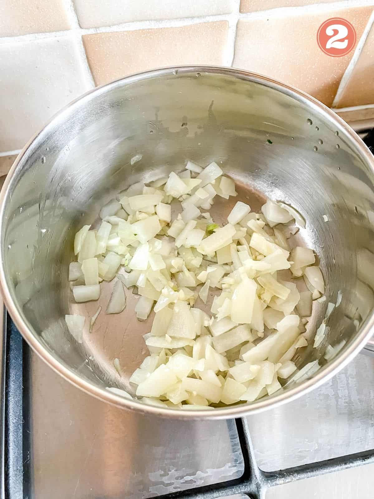 onion and garlic in a pot.