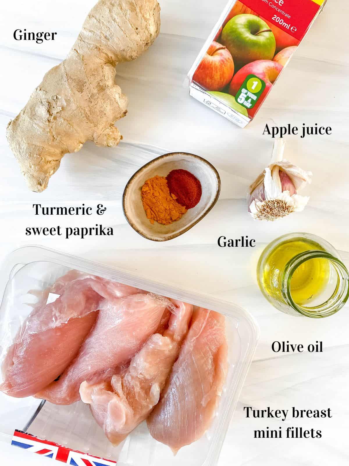 all the ingredients for turmeric turkey breast fillets.