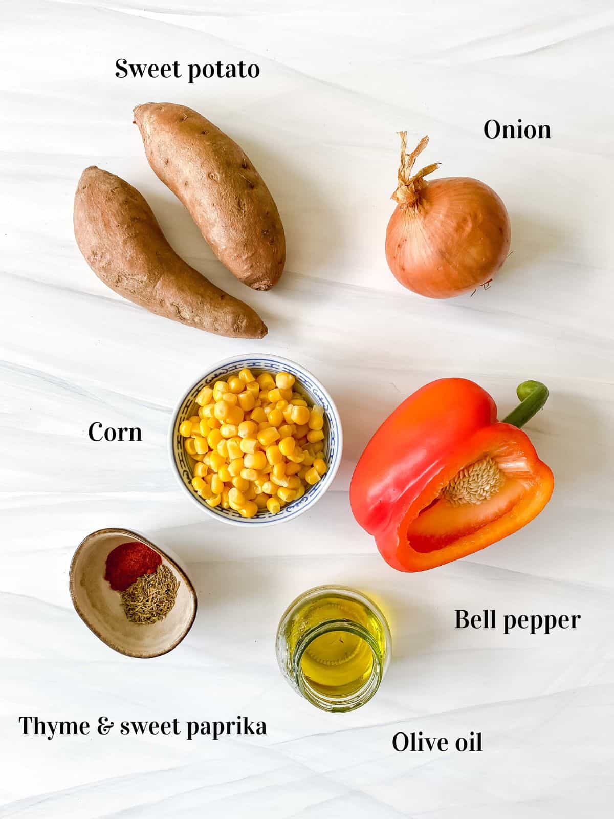 ingredients for sweet potato corn hash.