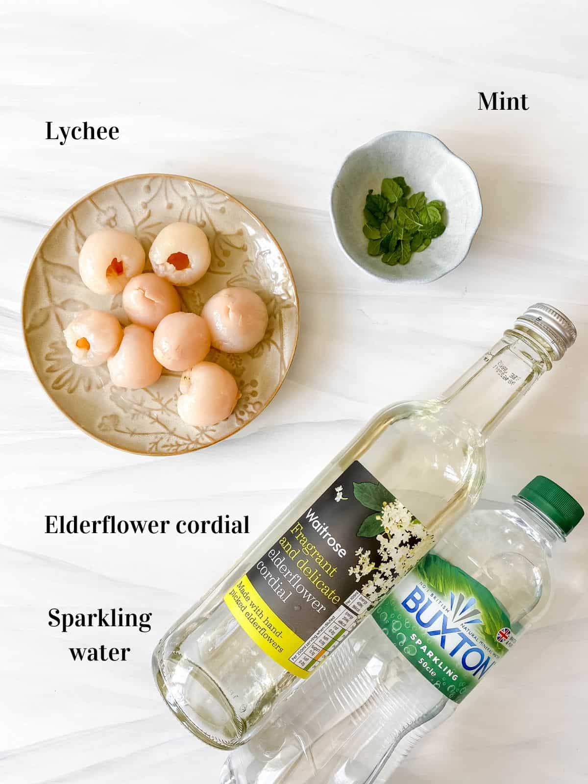 all the ingredients for lychee mocktail.