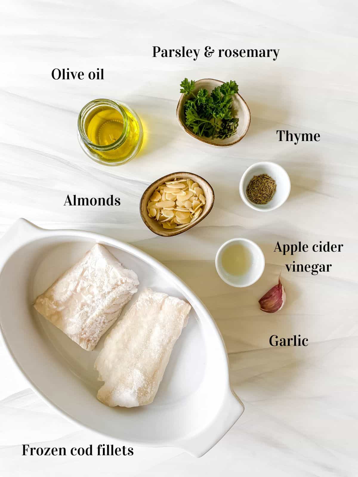 all the ingredients for almond crusted cod.