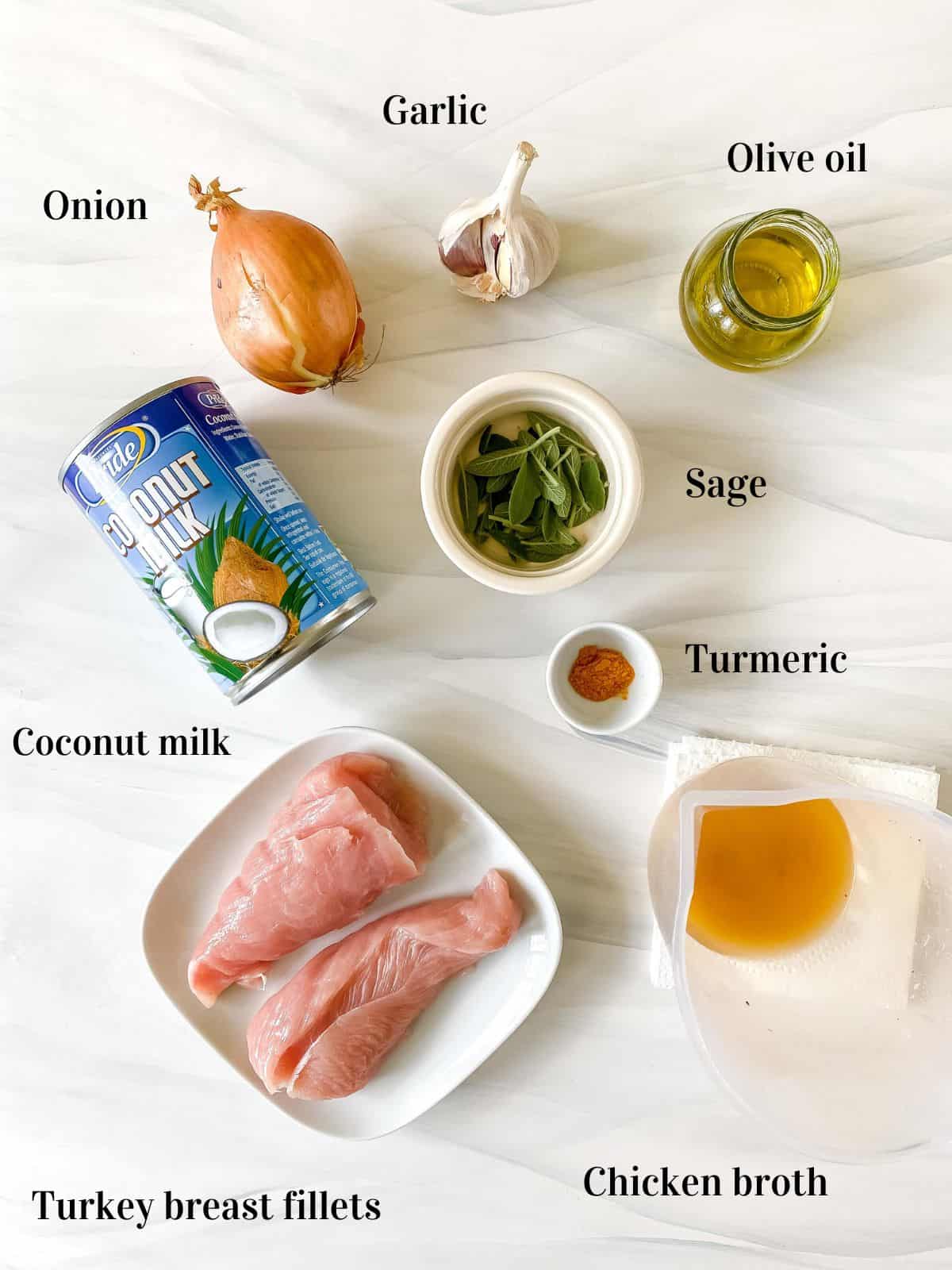 all the ingredients for turkey with sage cream sauce.