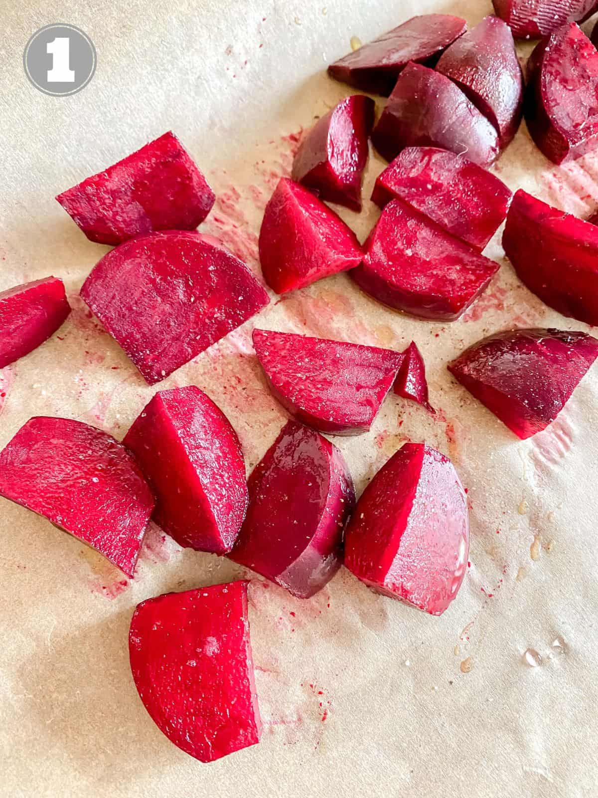 beetroot pieces on a baking tray.