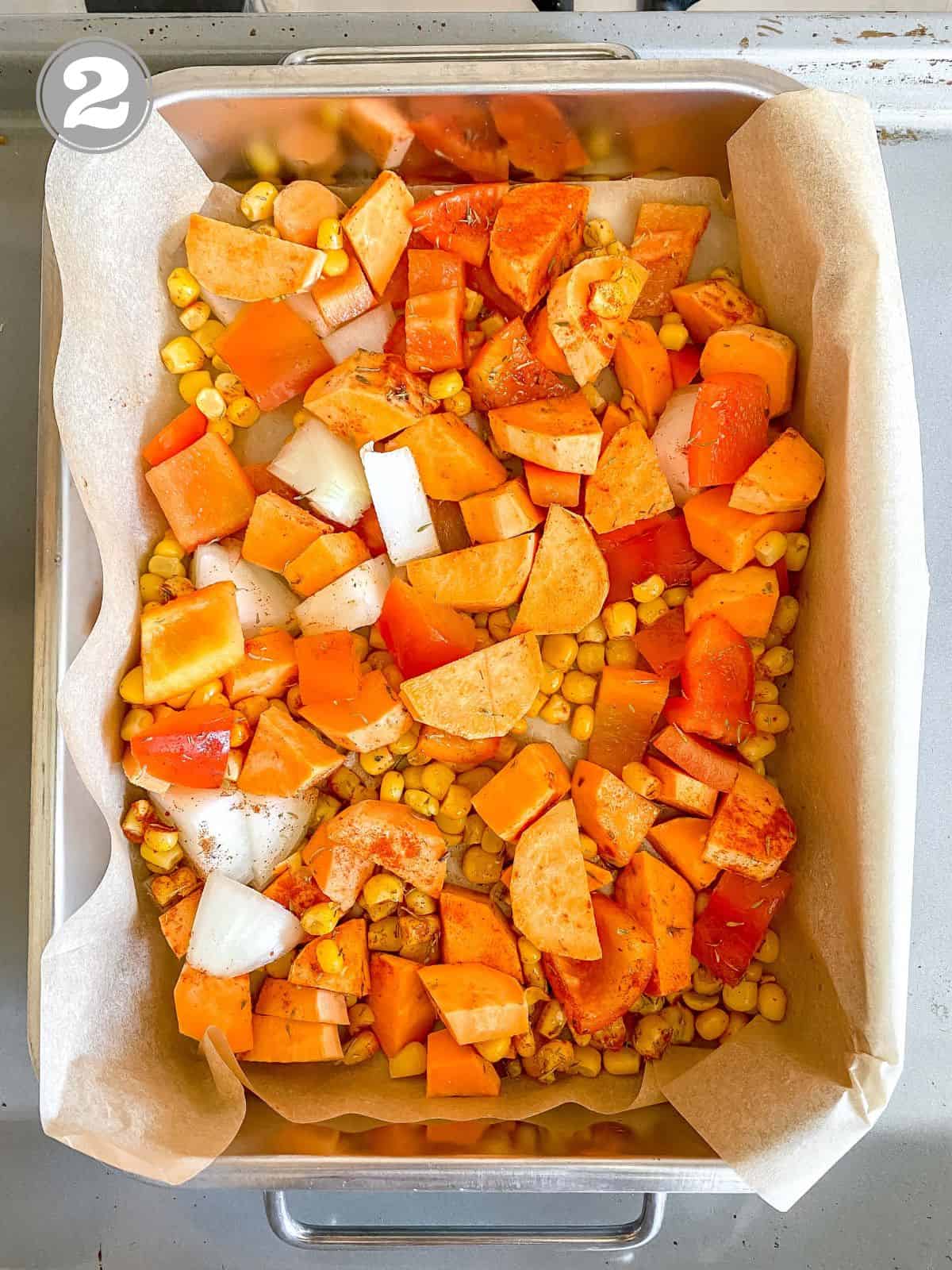 sweet potato hash in a lined baking dish.