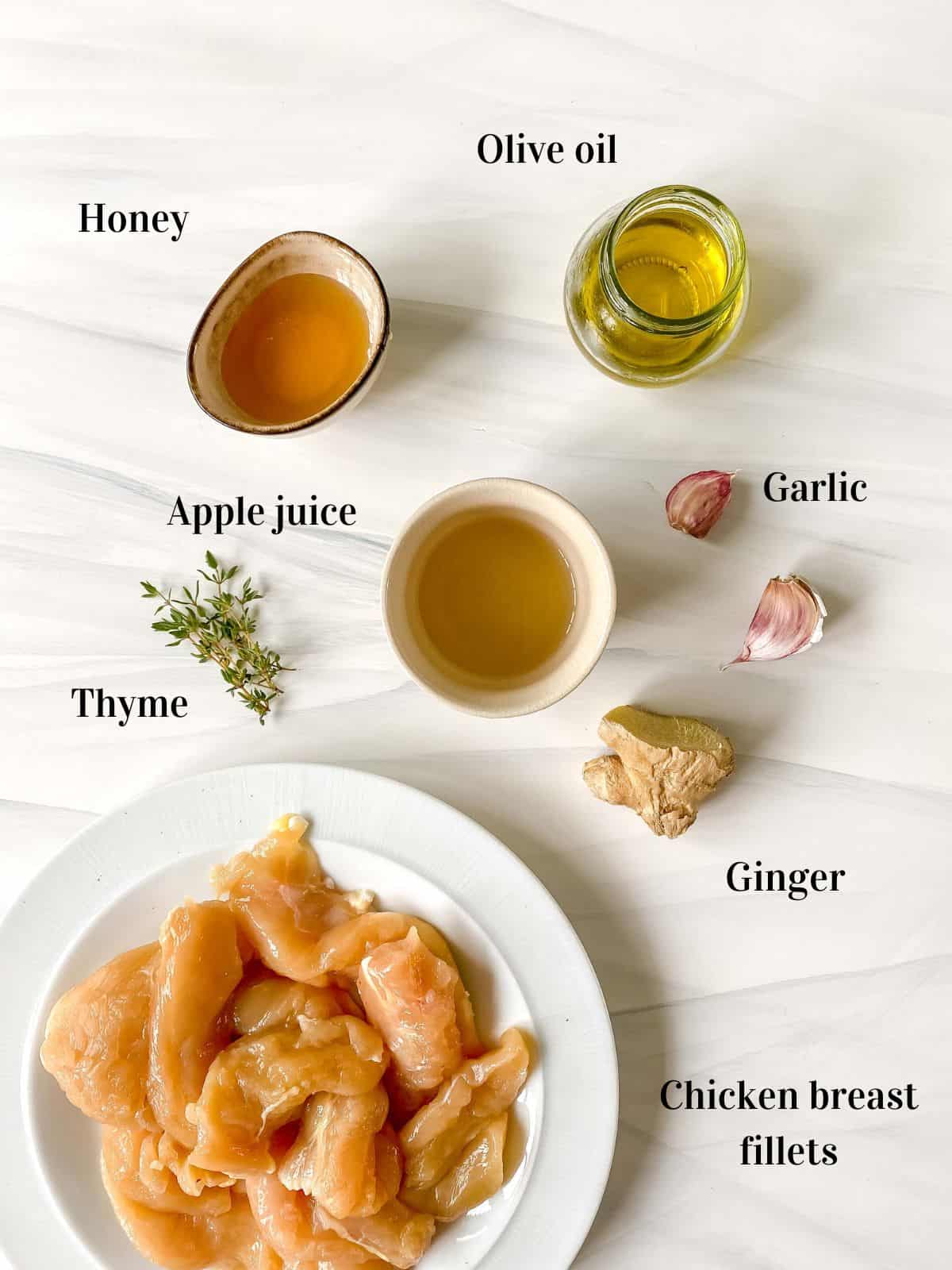 all the ingredients to make honey ginger grilled chicken.