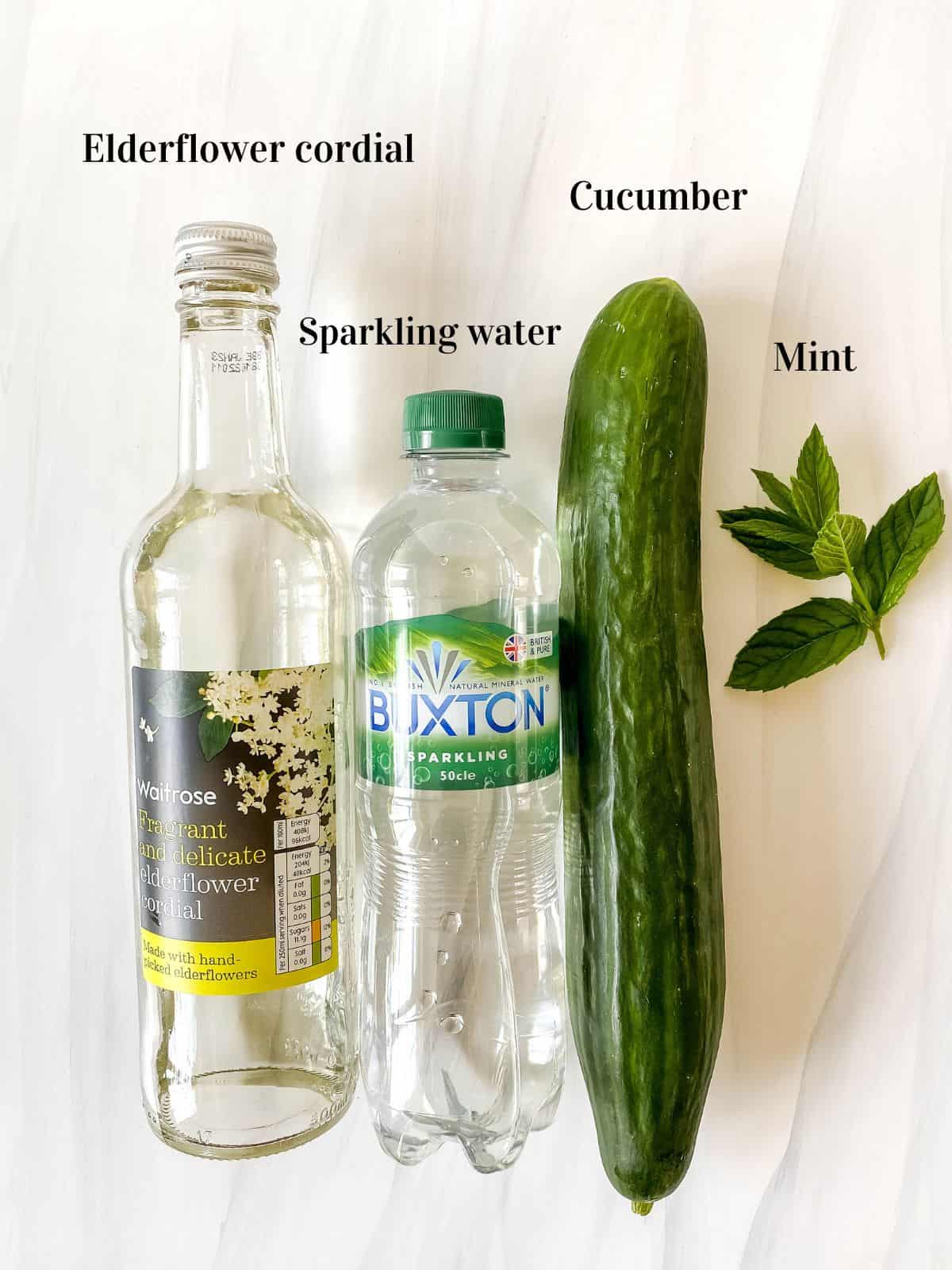 labelled picture of elderflower cordial, sparkling water, cucumber and mint.