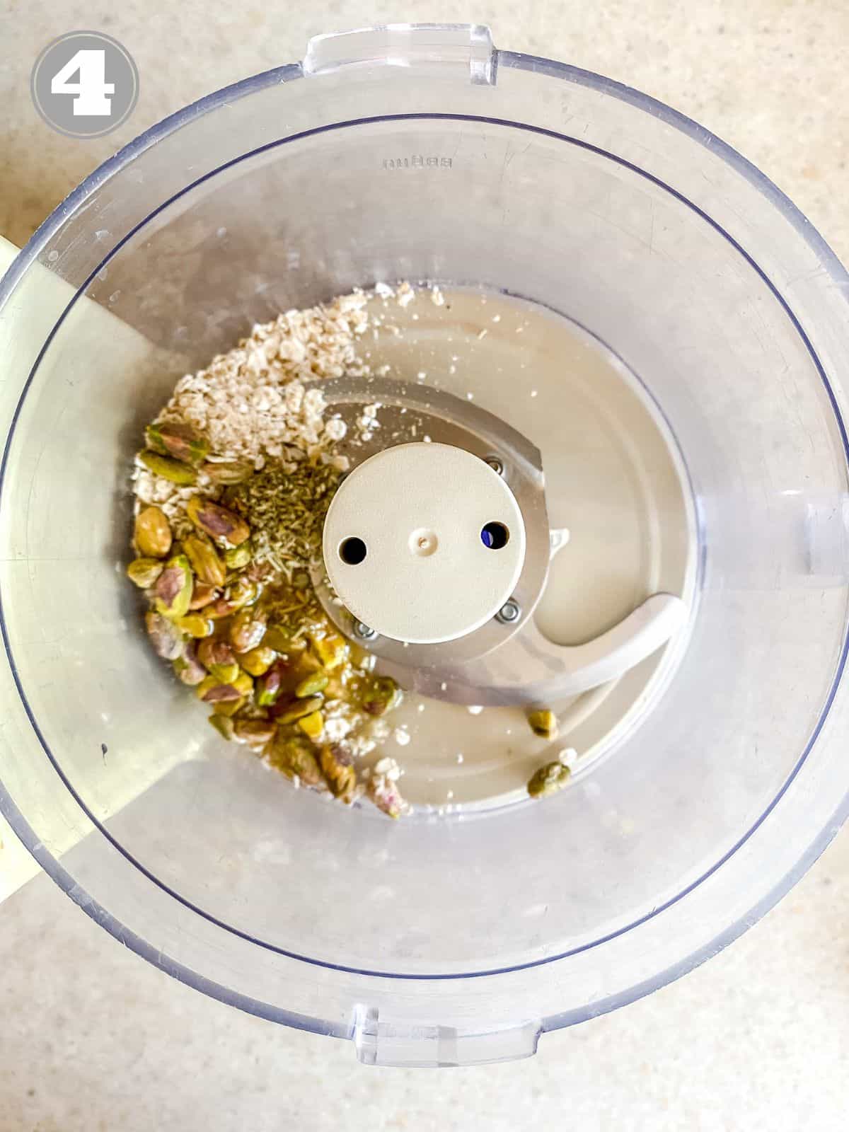 oats, pistachios and spices in a food processor labelled number four.