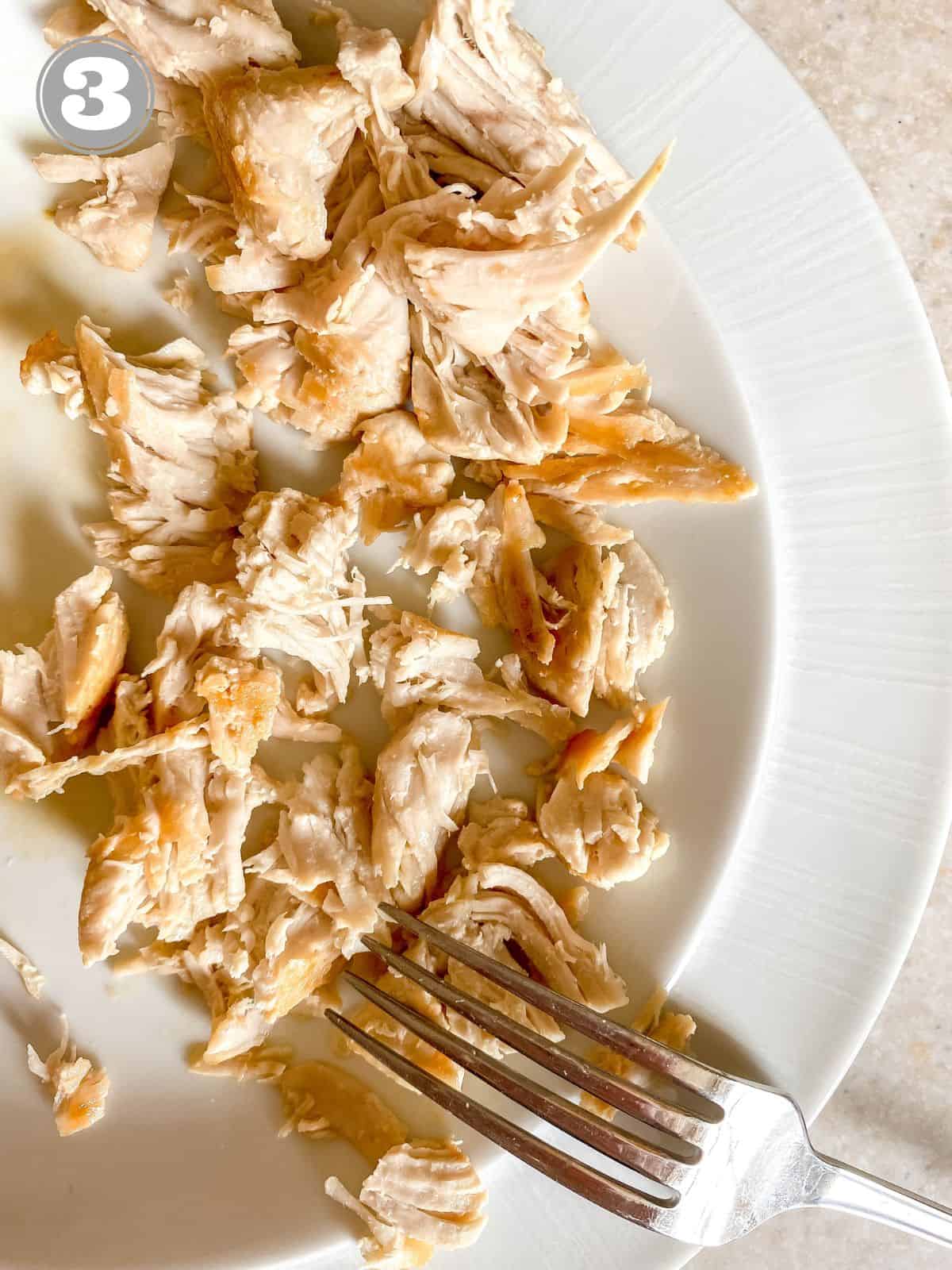 shredded turkey and a fork on a white plate labelled number three.