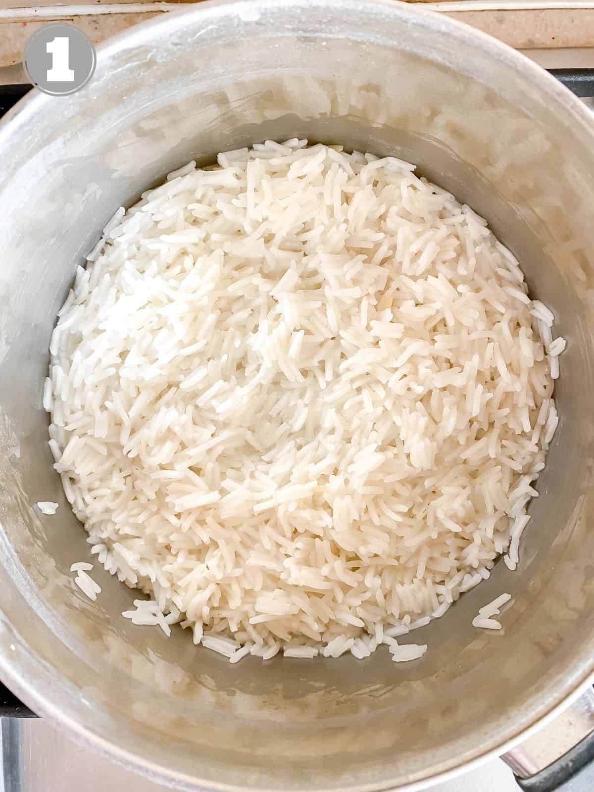 pot of cooked rice labelled number one.