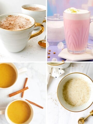 collage of four warm milk recipes including golden milk, angel milk and cardamom milk.