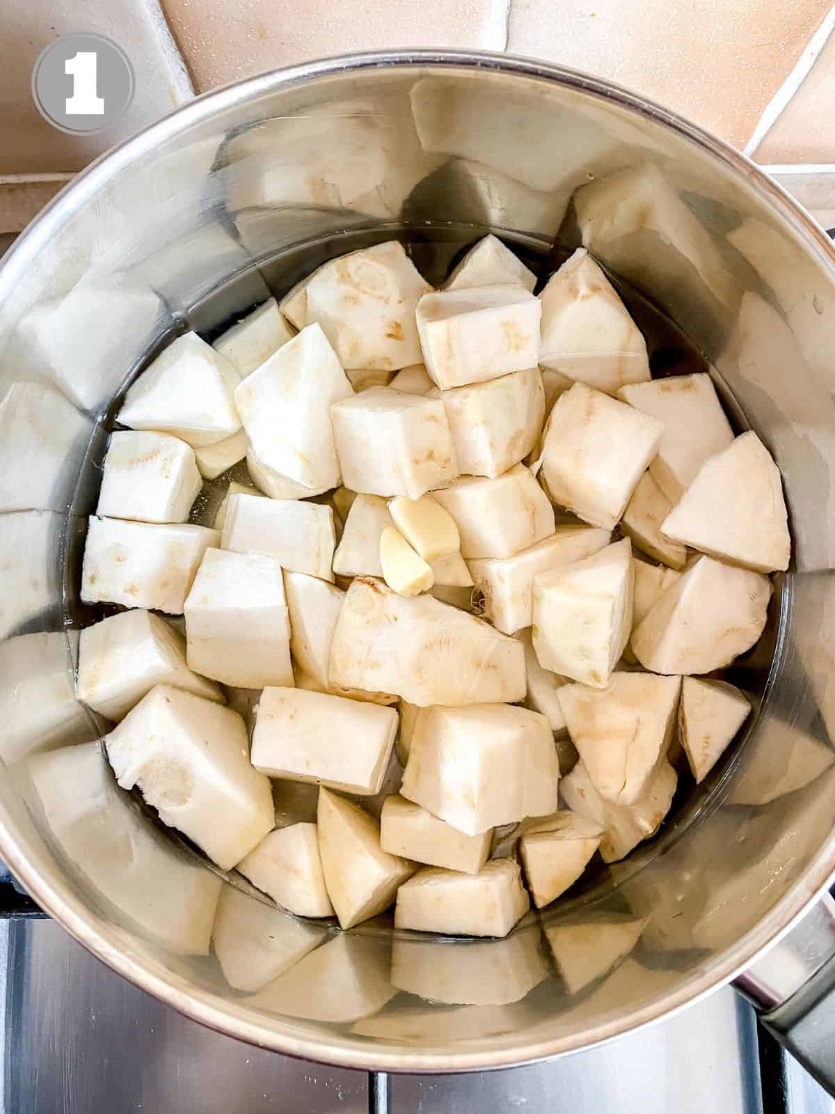 cubes of celeriac in a pan labelled number one.