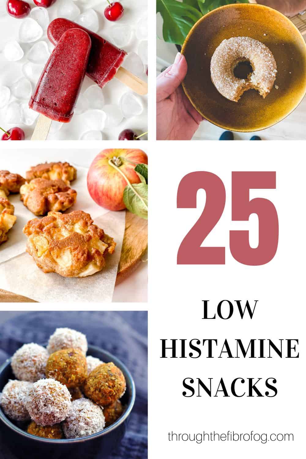 labelled 25 low histamine snacks with images of popsicles, donut, fritters and energy balls.
