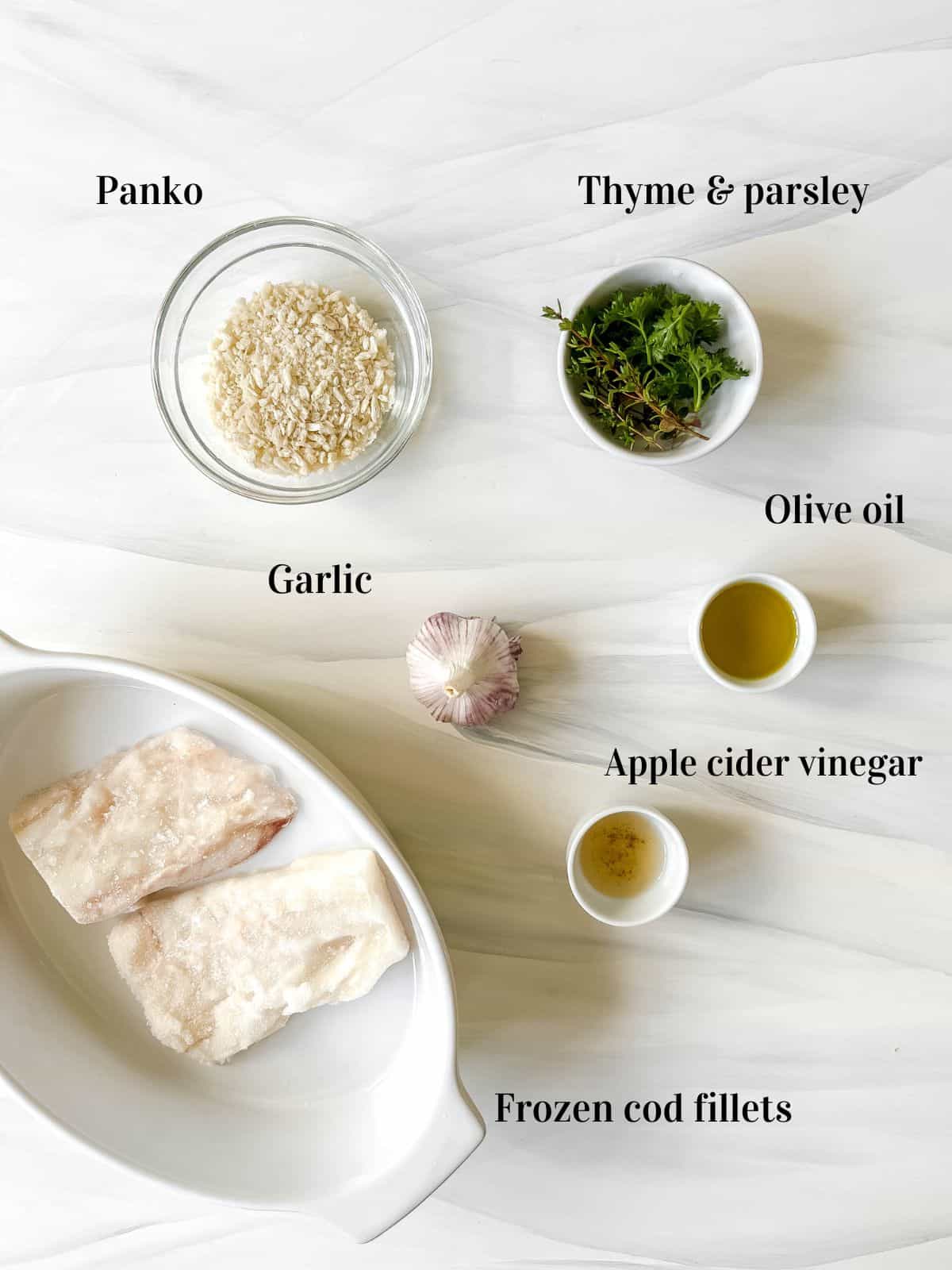 individually labelled ingredients to make baked cod with panko including frozen cod fillets, herbs and panko.