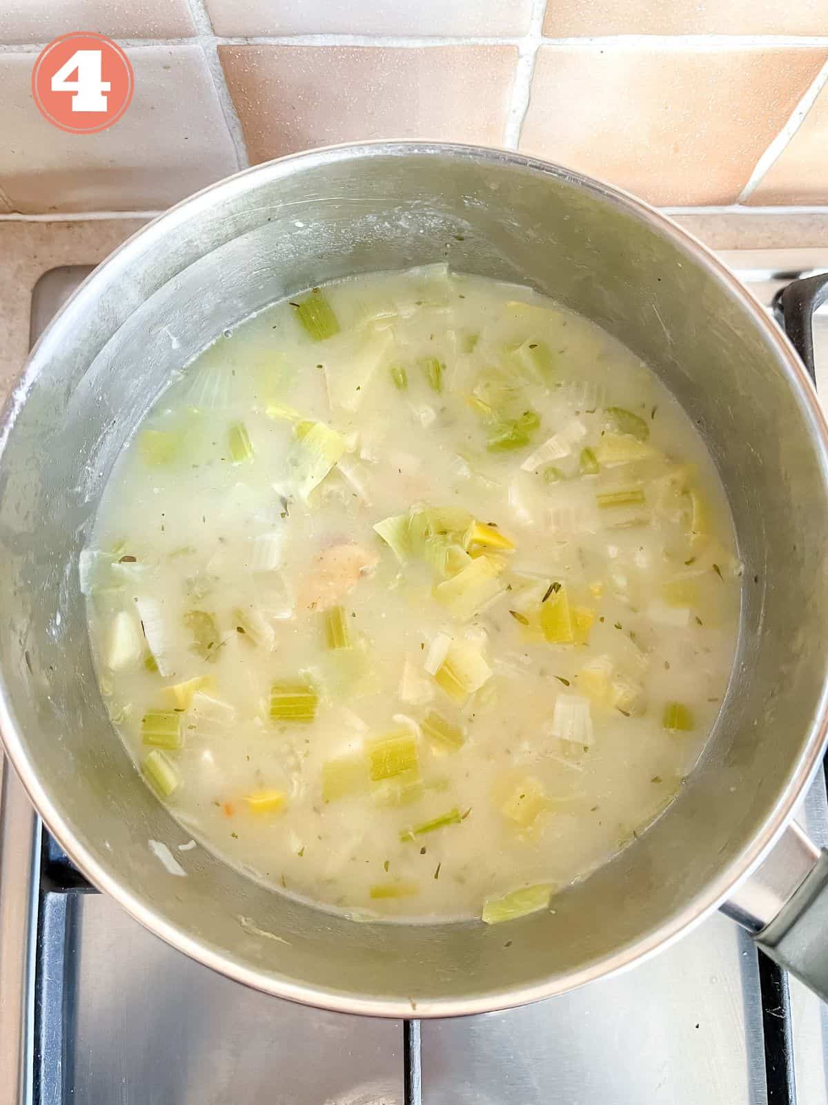 celery and leek soup in a large pot labelled number four.