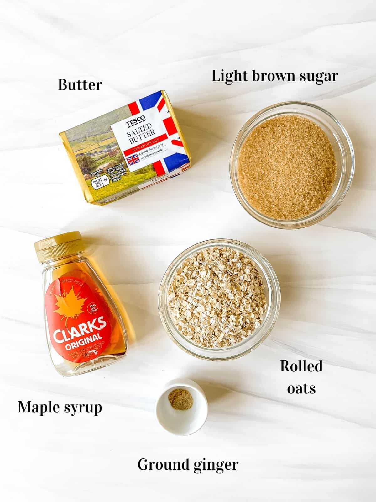 individually labelled butter, brown sugar, rolled oats, maple syrup and ground ginger.
